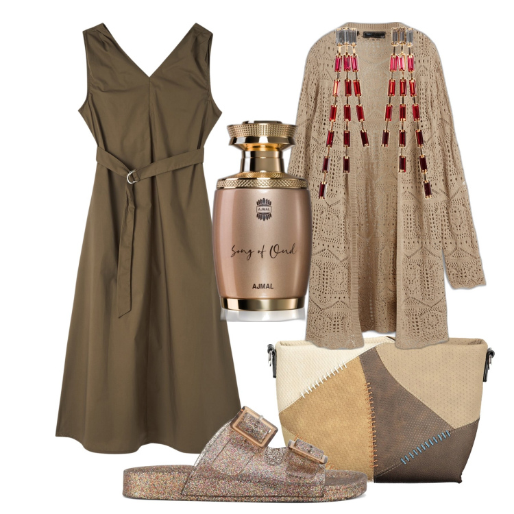 Outfit donna - Pomeriggio di maggio. Stile Trendy per Tutti i giorni. Abbinamento con cardigans, orecchini, profumi, vestiti lunghi, sandali, borse a tracolla.