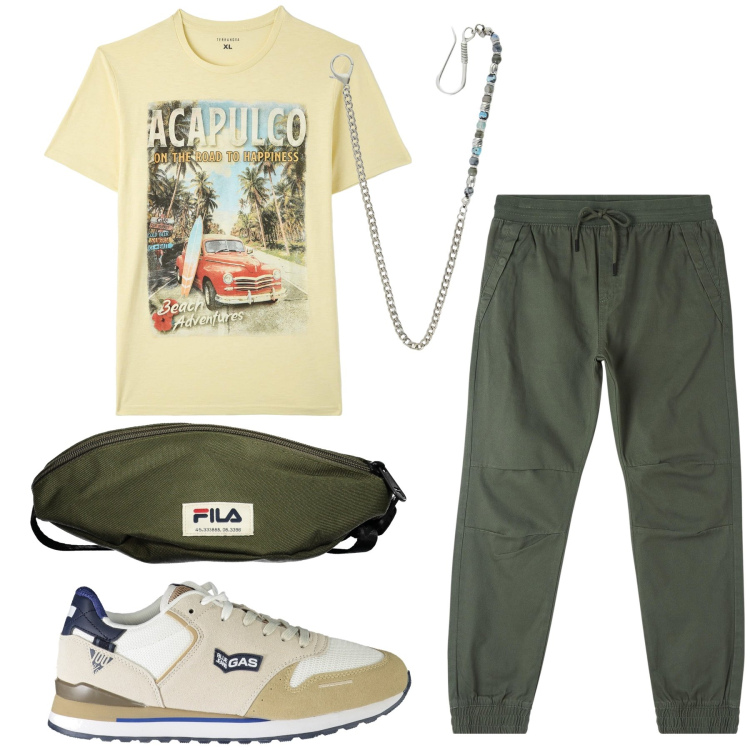 Outfit uomo - Sporty. Stile Urban per Tutti i giorni. Abbinamento con pantaloni, t-shirt, collane, borse sportive, sneakers.