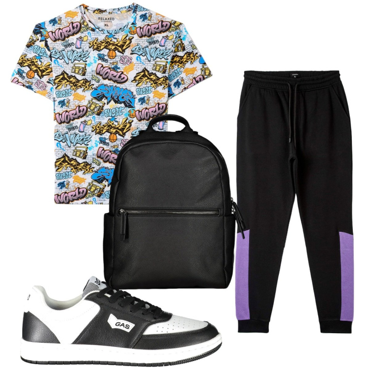 Outfit uomo - Total look #1875561. Stile Trendy per Sport. Abbinamento con t-shirt, pantaloni, borse sportive, sneakers.