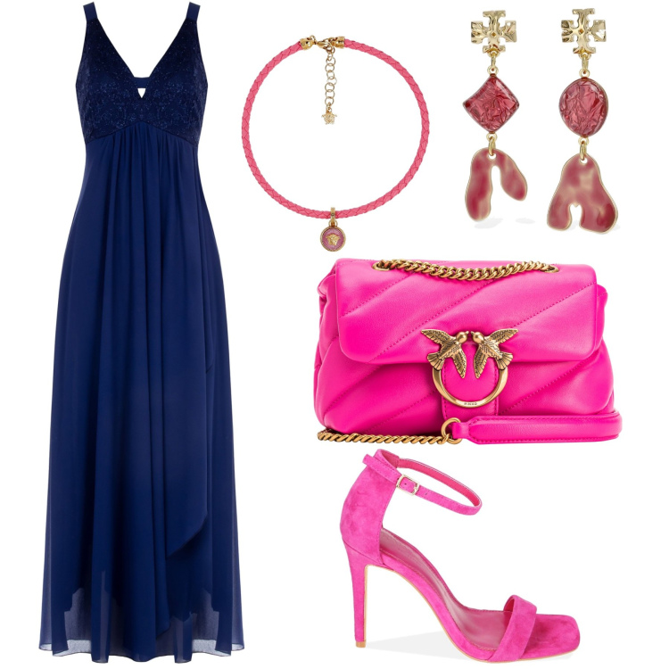 Outfit donna - Blu e fucsia. Stile Glamour per Cerimonia. Abbinamento con borse a tracolla, vestiti lunghi, sandali col tacco, collane, orecchini.
