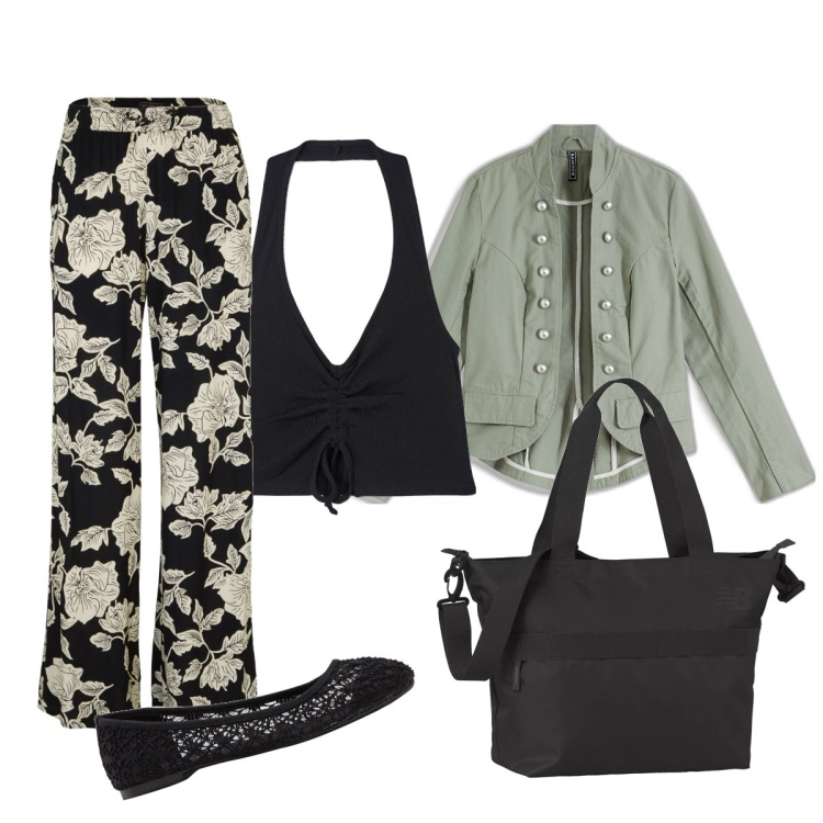 Outfit donna - Total look #1875579. Stile Casual chic per Serata fuori. Abbinamento con pantaloni a palazzo, ballerine, blazer, top, borse tote.