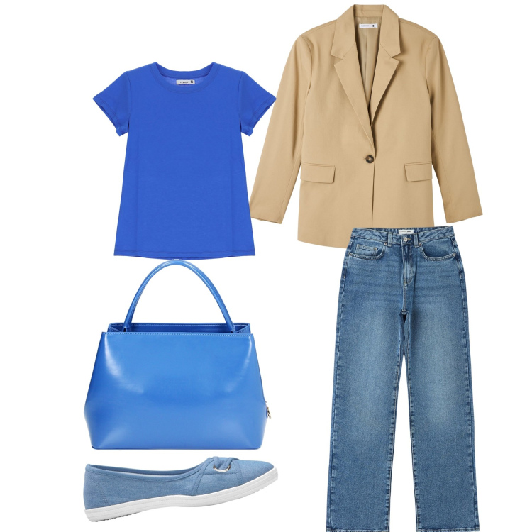 Outfit donna - Commissioni in centro. Stile Basic Abbinamento con ballerine, blazer, jeans dritti, t-shirt, borse a mano.
