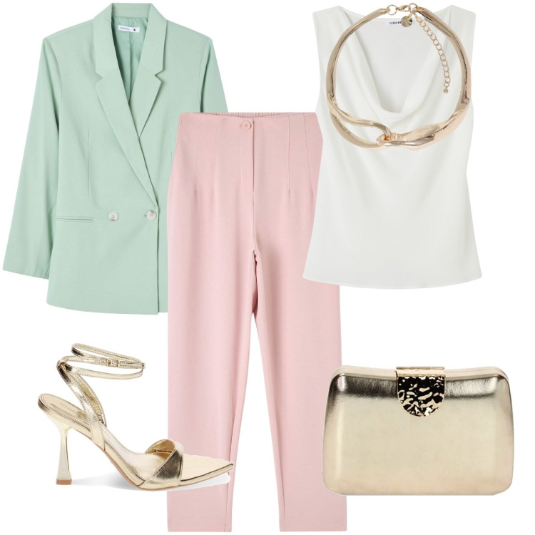 Outfit donna - Il blazer verde acqua. Stile Bon Ton per Cerimonia. Abbinamento con pantaloni chino, top, blazer, clutch, sandali col tacco, collane.