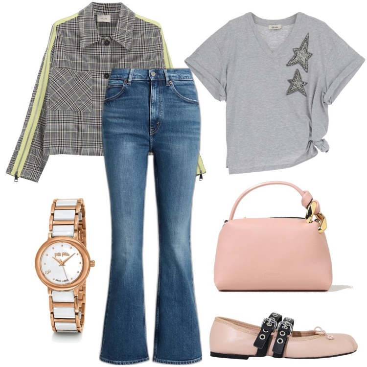 Outfit donna - Il blazer a quadri. Stile Trendy per Ufficio. Abbinamento con orologi, blazer, t-shirt, ballerine, jeans, borse a mano.