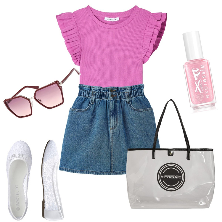 Outfit donna - Graziosa di giorno. Stile Preppy per Tutti i giorni. Abbinamento con ballerine, smalti, t-shirt, minigonne, shopping bag, occhiali da sole.