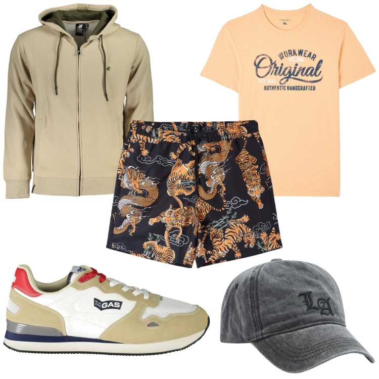 Outfit uomo - Total look #1875634. Stile Trendy per Tutti i giorni. Abbinamento con t-shirt, cappelli, bermuda, felpe con cappuccio, sneakers.