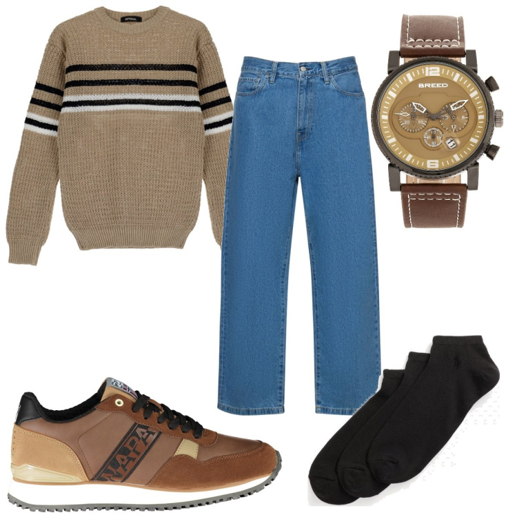 Outfit uomo - Total look #1875642. Stile Casual per Tutti i giorni. Abbinamento con orologi, pullovers, calzini, jeans, scarpe sportive.
