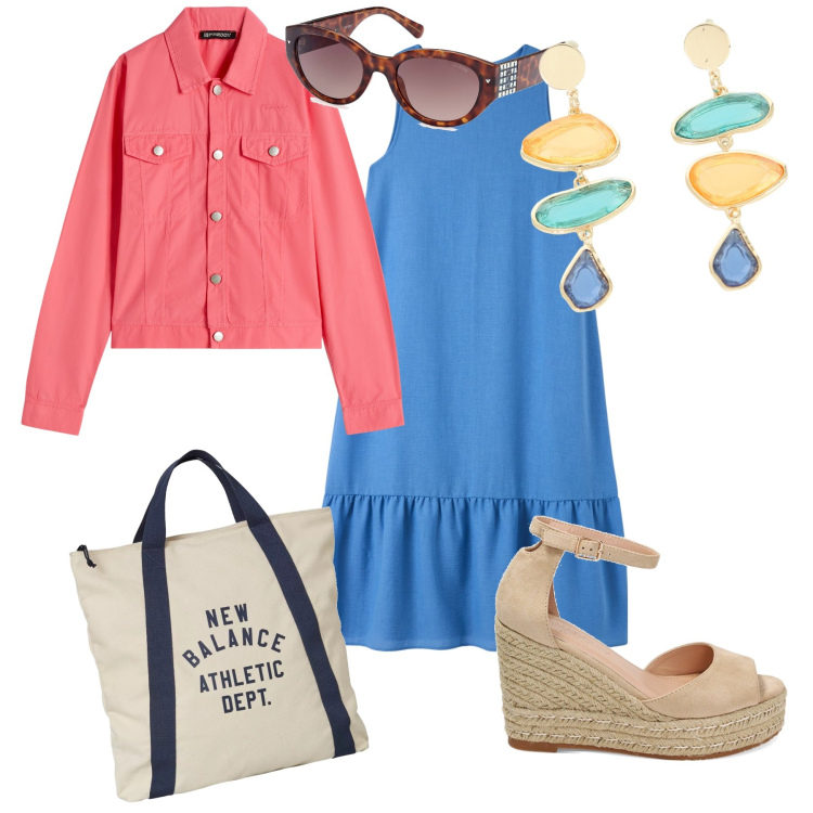 Outfit donna - Less is more, ma more is more. Stile Trendy per Tutti i giorni. Abbinamento con vestiti lunghi, borse a mano, blazer, zeppe, orecchini, occhiali da sole.