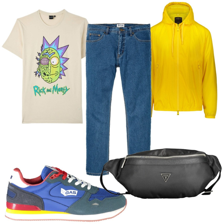 Outfit uomo - Total look #1875652. Stile Trendy per Tutti i giorni. Abbinamento con jeans dritti, t-shirt, giacche, sneakers, borse sportive.