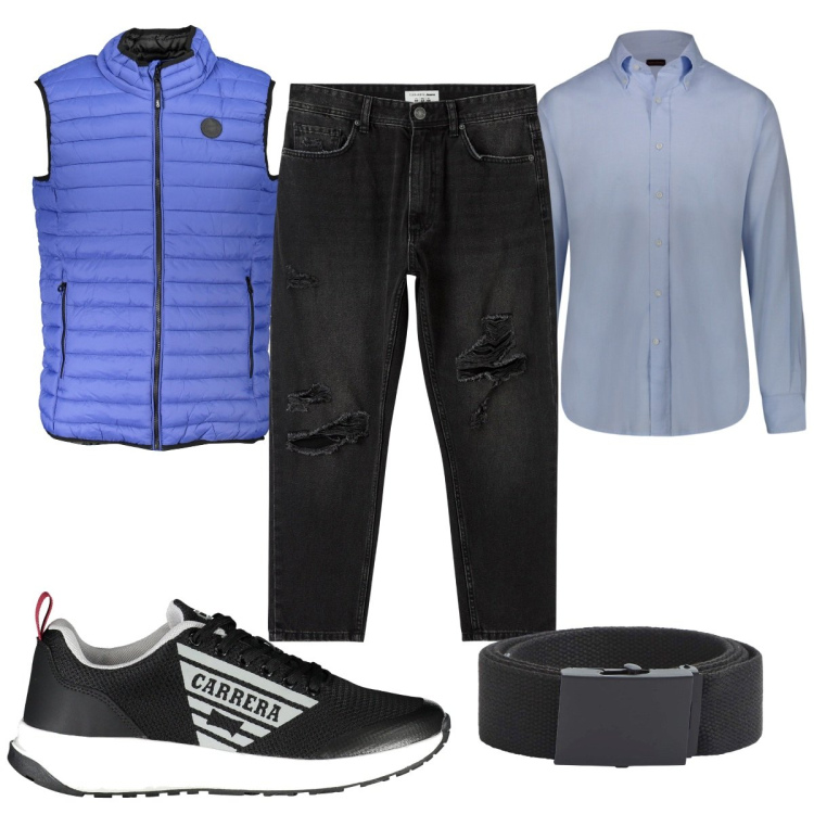 Outfit uomo - Total look #1875666. Stile Trendy per Tutti i giorni. Abbinamento con jeans strappati, cinture, giacche, camicie, scarpe sportive.