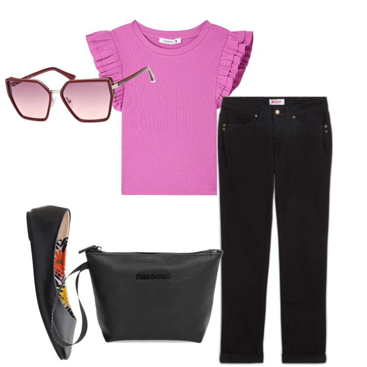 Outfit donna - Pronta per lo shopping. Stile Casual chic per Tutti i giorni. Abbinamento con jeans dritti, ballerine, t-shirt, valigie, occhiali da sole.