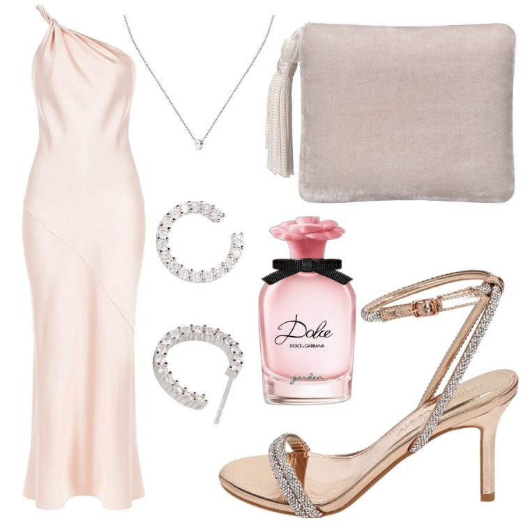 Outfit donna - Bantoa event season. Stile Chic per Cerimonia. Abbinamento con collane, profumi, orecchini, vestiti lunghi, sandali gioiello, pochette.