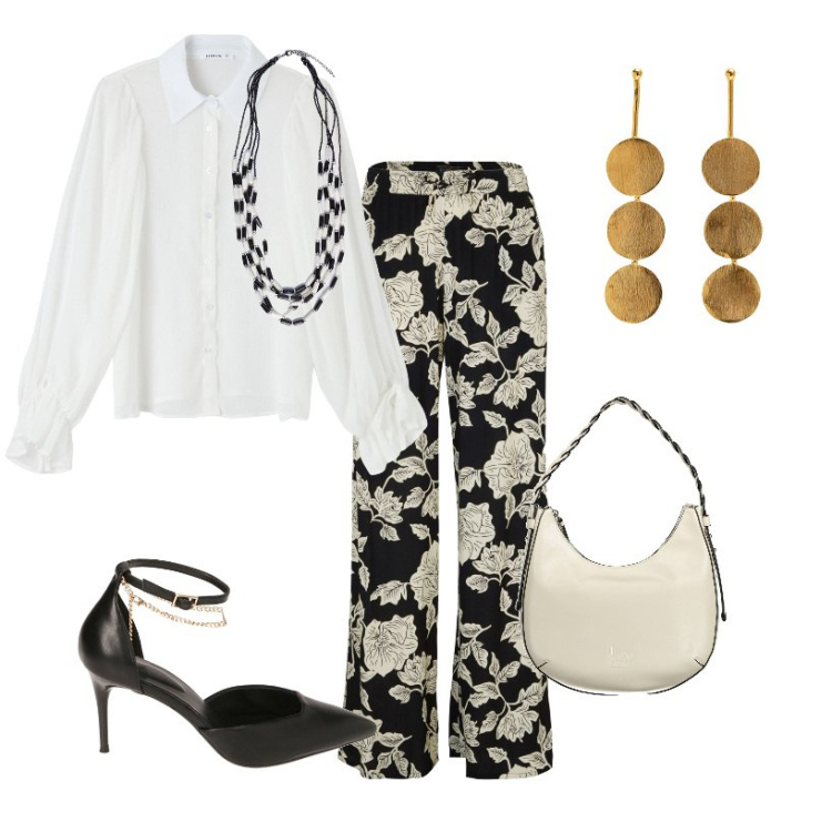 Outfit donna - Pantalone a fiori. Stile Casual chic per Ufficio. Abbinamento con pantaloni a palazzo, camicie, décolleté, borse a spalla, collane, orecchini.