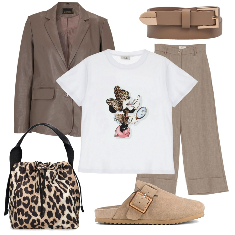 Outfit donna - Dettaglio maculato. Stile Sporty chic per Tutti i giorni. Abbinamento con blazer, t-shirt, pantaloni a palazzo, sabot, borse a mano, cinture.