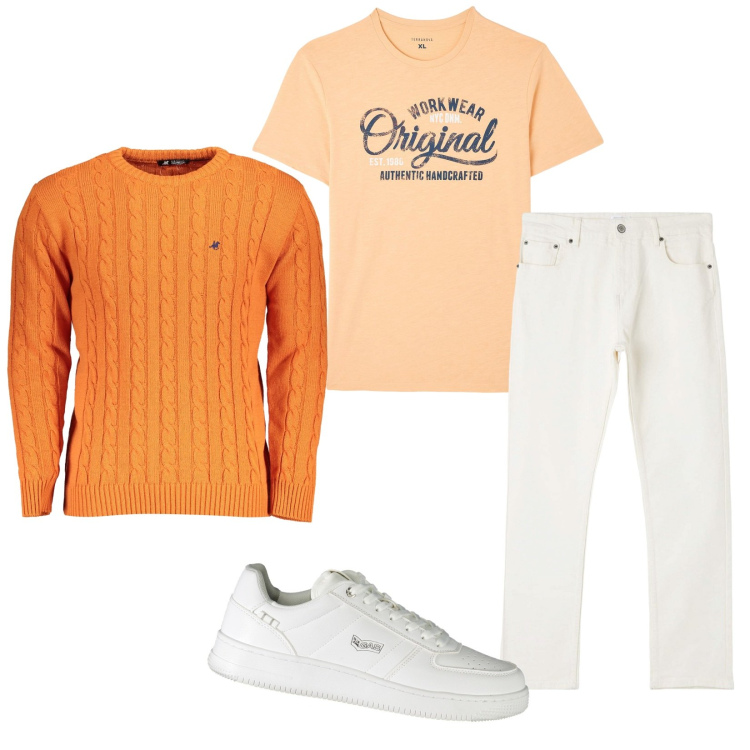 Outfit uomo - Bianco e arancio. Stile Casual per Tutti i giorni. Abbinamento con t-shirt, pantaloni, maglieria, sneakers.