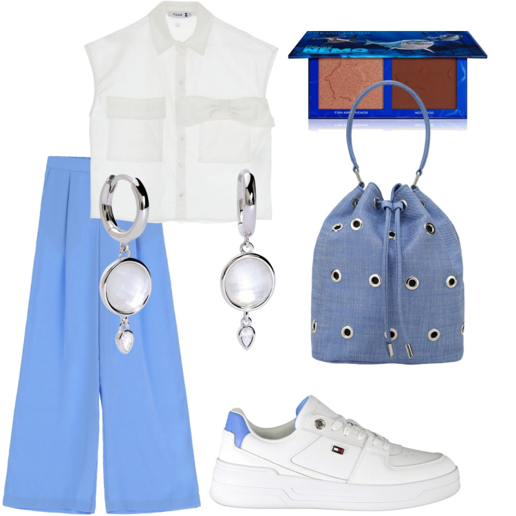 Outfit donna - Total look #1875717. Stile Casual chic per Tutti i giorni. Abbinamento con terre, orecchini, camicie, borse a secchiello, pantaloni, sneakers.