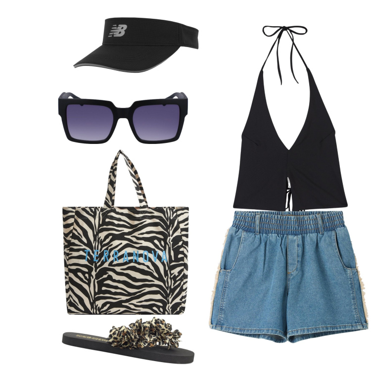 Outfit donna - Summer must-have. Stile Basic per Mare. Abbinamento con shorts, borse tote, top, cappelli con visiera, infradito, occhiali da sole.
