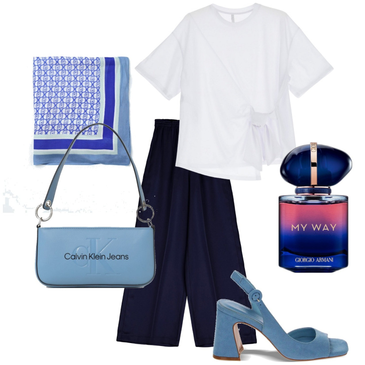 Outfit donna - My way. Stile Trendy per Tutti i giorni. Abbinamento con profumi, pantaloni a palazzo, t-shirt, sandali col tacco, foulard, borse a spalla.