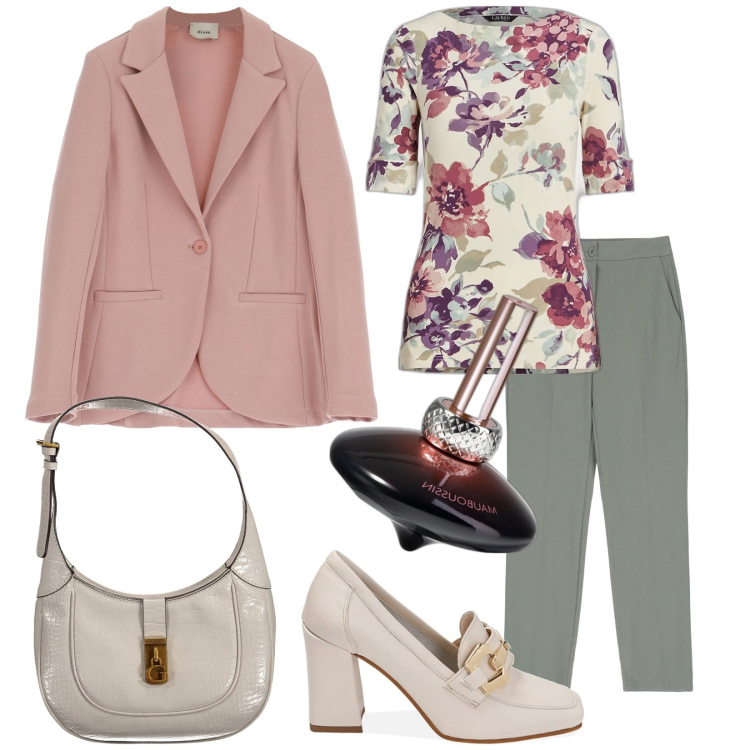 Outfit donna - Dal unedì al venerdì. Stile Chic per Ufficio. Abbinamento con profumi, mocassini, blazer, pantaloni, maglieria, borse a spalla.
