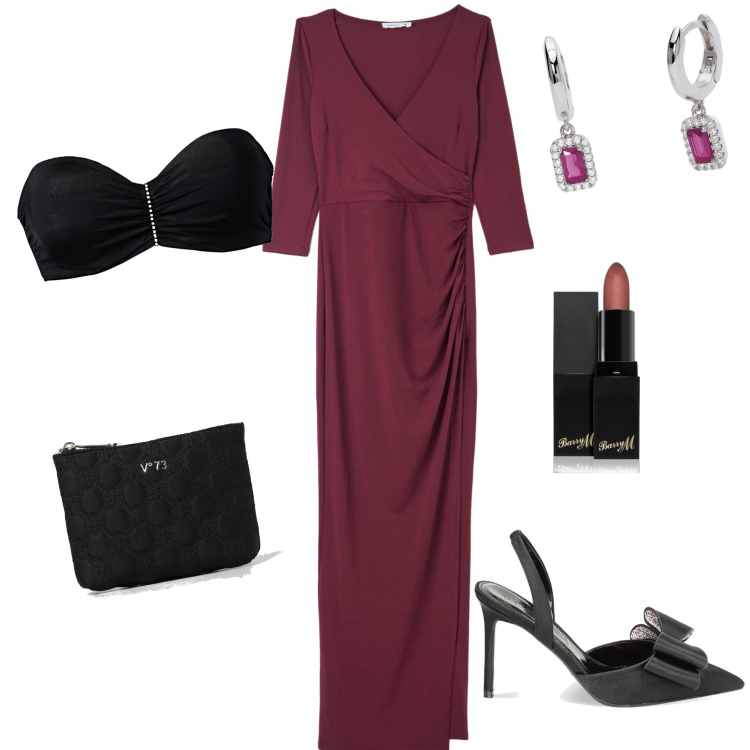 Outfit donna - Dress up. Stile Chic per Serata fuori. Abbinamento con reggiseni a balconcino, rossetti, vestiti lunghi, orecchini, décolleté, clutch.