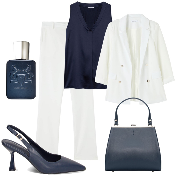 Outfit donna - Il blazer bianco. Stile Glamour per Ufficio. Abbinamento con profumi, pantaloni, blazer, décolleté, clutch, top.