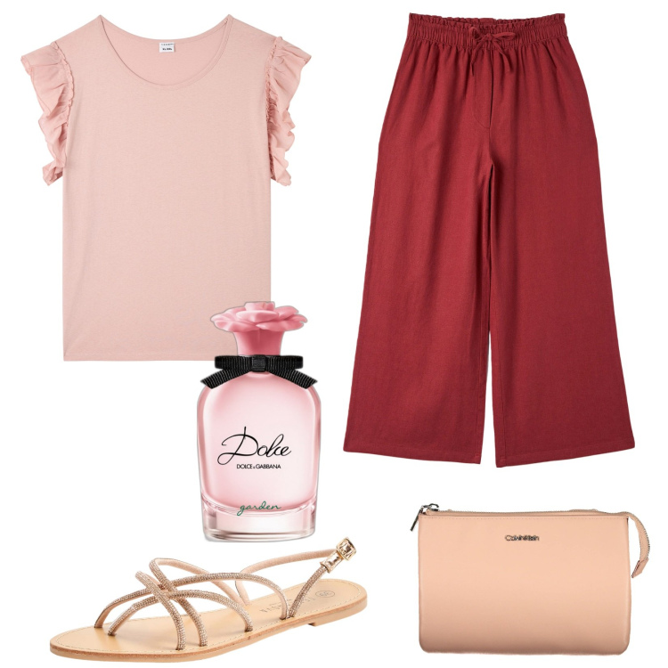 Outfit donna - Rosa e bordeaux. Stile Basic per Tutti i giorni. Abbinamento con profumi, t-shirt, sandali, pantaloni, borse a spalla.
