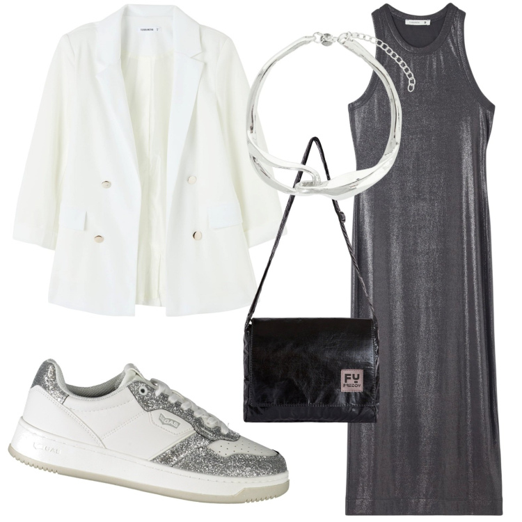 Outfit donna - Blazer di sera. Stile Casual per Serata fuori. look ideale per Petite. Abbinamento con vestiti midi/longuette, blazer, borse a tracolla, collane, sneakers.