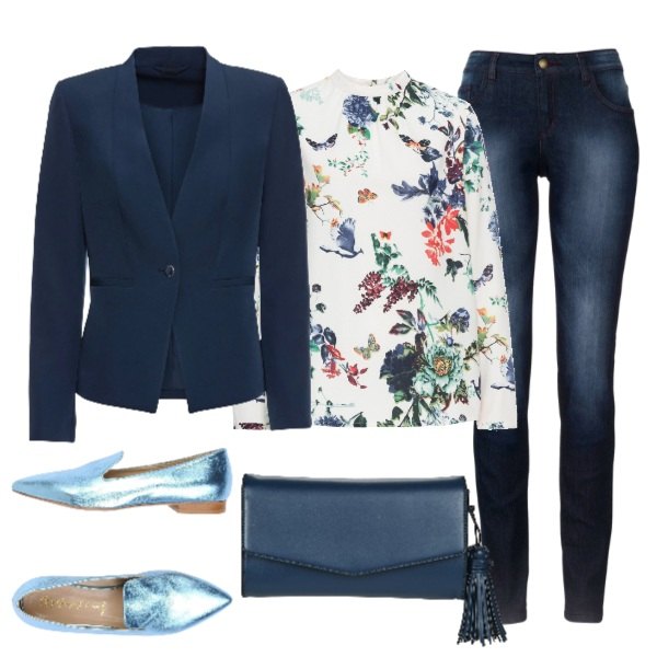 Outfit donna - Variazioni in blu. Stile Bon Ton per Ufficio. Abbinamento con blazer, jeans skinny, bluse, mocassini effetto laminato a punta pianta larga in pelle sintetica tinta unita, clutch blu.