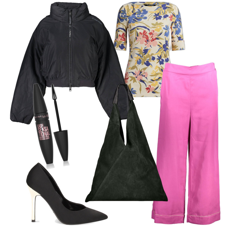 Outfit donna - Una fiorita serata. Stile Glamour per Serata fuori. Abbinamento con mascara, décolleté, maglieria, blazer, pantaloni, borse a spalla.