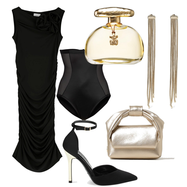 Outfit donna - Serata chic. Stile Chic per Serata fuori. Abbinamento con slip, profumi, décolleté, vestiti corti, borse a tracolla, orecchini.