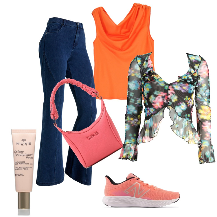 Outfit donna - Total look #1875952. Stile Casual chic per Tutti i giorni. Abbinamento con primer, sneakers, canottiere, jeans a zampa, t-shirt, borse a spalla.