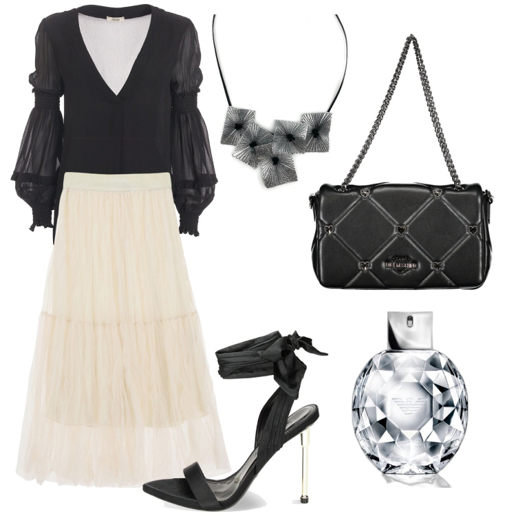 Outfit donna - Boho. Stile Boho per Serata fuori. Abbinamento con ciondoli, profumi, bluse, sandali col tacco, gonne longuette, borse a tracolla.