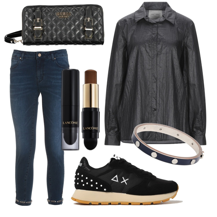 Outfit donna - Total look #1875975. Stile Rock per Tutti i giorni. Abbinamento con braccialetti, camicie, fondotinta, jeans, sneakers, portafogli.
