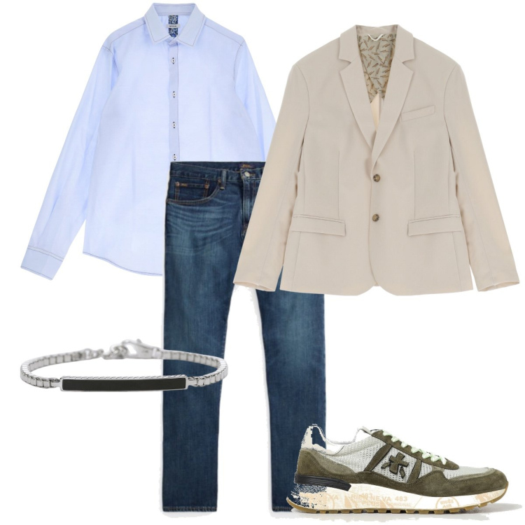 Outfit uomo - Giacca e jeans. Stile Trendy per Cerimonia. Abbinamento con braccialetti, giacche, camicie, jeans dritti, sneakers.