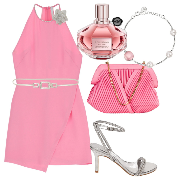 Outfit donna - Festa di compleanno. Stile Trendy per Cerimonia. Abbinamento con braccialetti, profumi, pochette, vestiti corti, sandali gioiello, cinture.