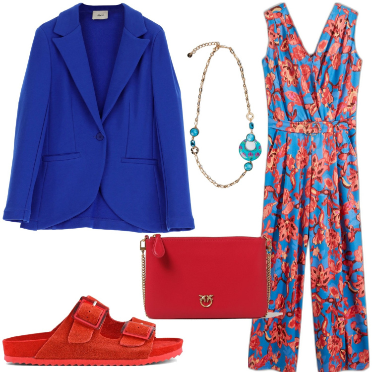 Outfit donna - La tuta avvolgente. Stile Casual per Tutti i giorni. look ideale per Petite. Abbinamento con tute, blazer, sandali, pochette, ciondoli.