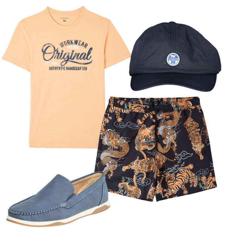 Outfit uomo - Al mare. Stile Casual per Tutti i giorni. Abbinamento con scarpe stringate, t-shirt, bermuda, cappelli con visiera.