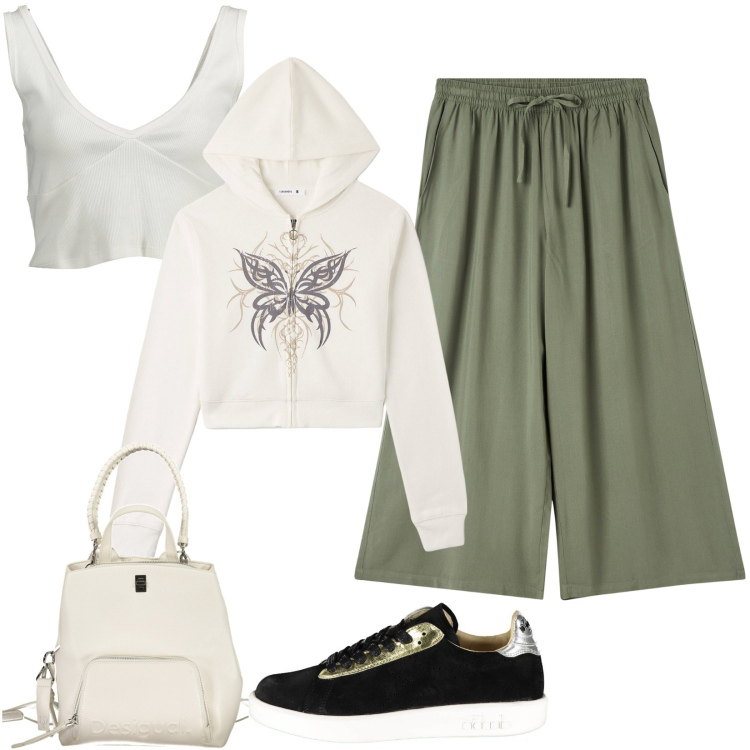 Outfit donna - Sportiva felpina e pantaloni cropped. Stile Casual per Tutti i giorni. Abbinamento con pantaloni a palazzo, felpe con cappuccio, zaini, top, sneakers.