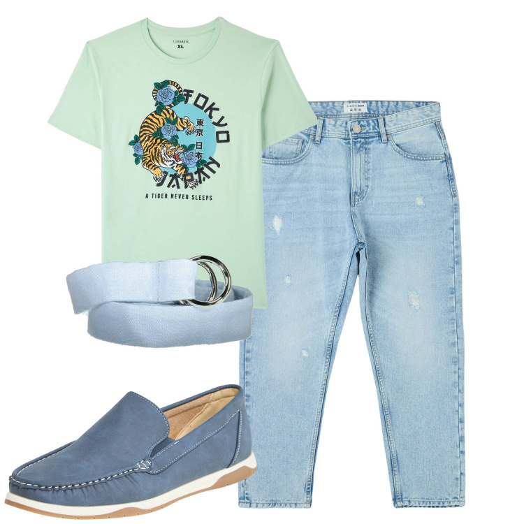 Outfit uomo - Total look #1876072. Stile Casual per Tutti i giorni. Abbinamento con scarpe stringate, jeans strappati, t-shirt, cinture.