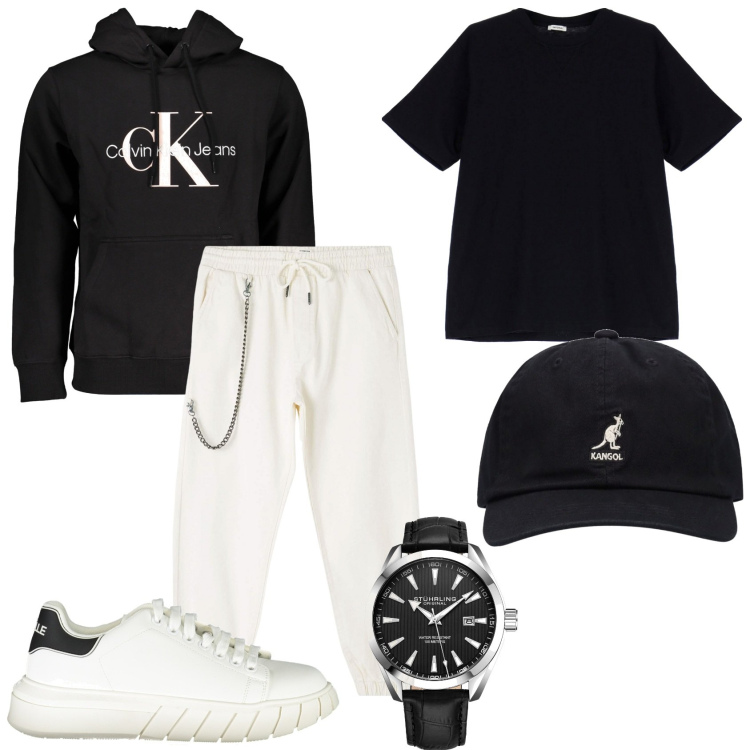 Outfit uomo - Giovane e sportivo. Stile Casual per Tutti i giorni. Abbinamento con orologi, pantaloni sportivi, t-shirt, felpe con cappuccio, scarpe sportive, cappelli.