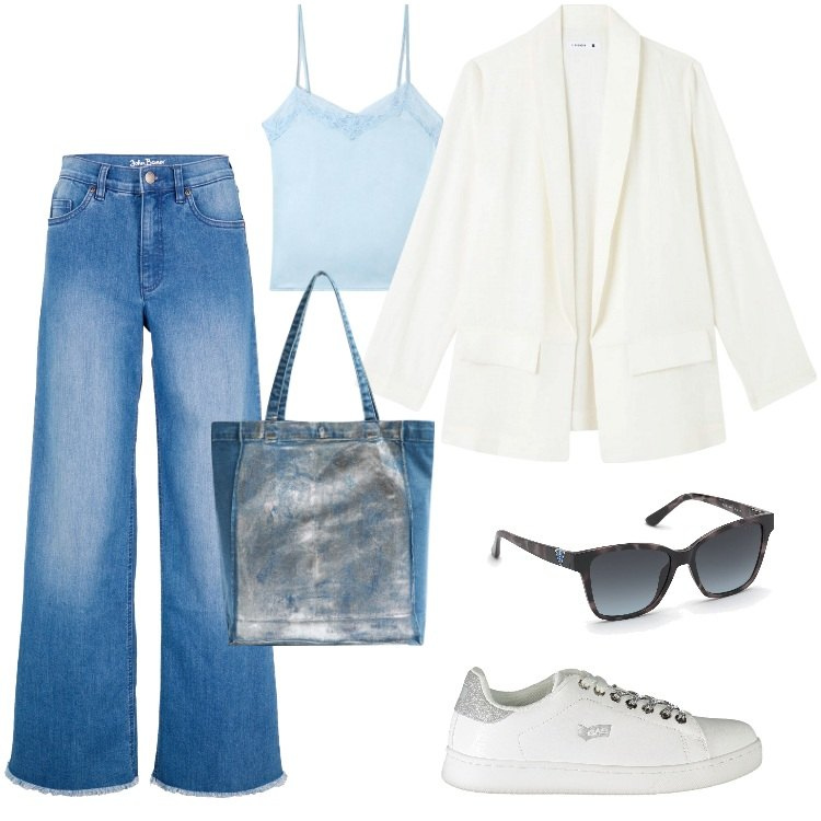 Outfit donna - Total look #1876077. Stile Sporty chic per Tutti i giorni. Abbinamento con jeans, sneakers, blazer, shopping bag, occhiali da sole, canottiere.
