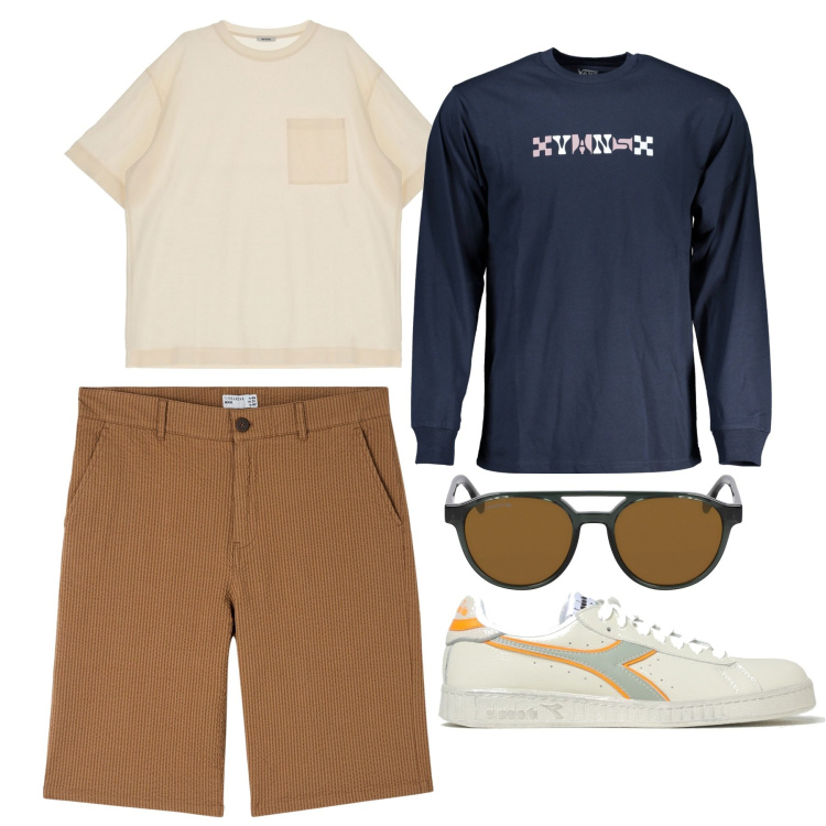 Outfit uomo - City. Stile Urban per Tutti i giorni. Abbinamento con bermuda, t-shirt, sneakers, occhiali da sole, t-shirt.