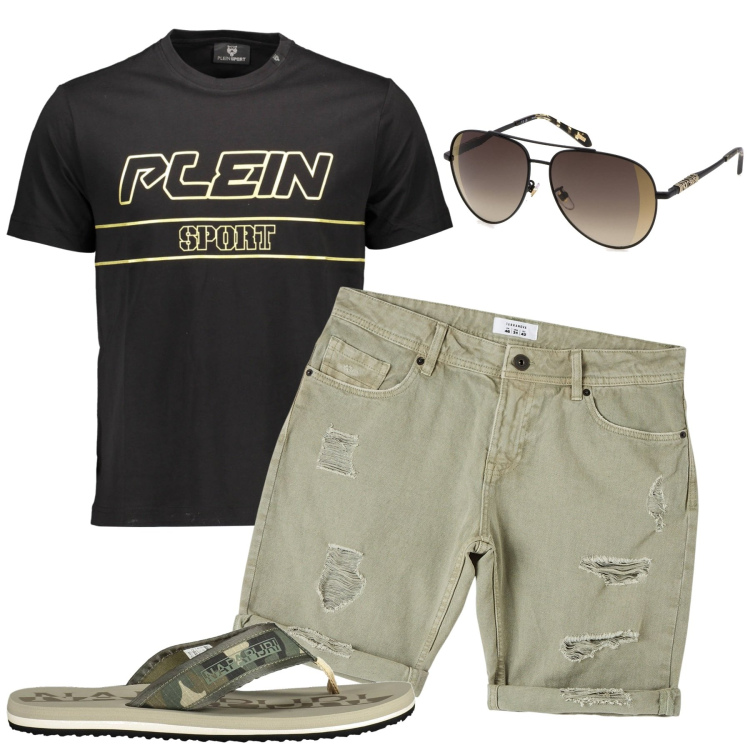 Outfit uomo - Total look #1876083. Stile Casual per Tutti i giorni. Abbinamento con bermuda, sandali, t-shirt, occhiali da sole.