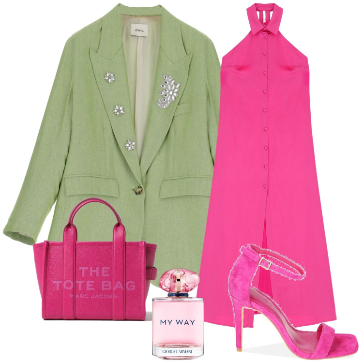 Outfit donna - My way. Stile Casual chic per Serata fuori. Abbinamento con profumi, vestiti lunghi, sandali col tacco, blazer, borse tote.