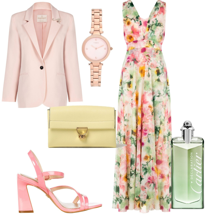 Outfit donna - Total look #1876123. Stile Romantica per Cerimonia. Abbinamento con orologi, profumi, vestiti lunghi, blazer, sandali in pelle, borse a tracolla.