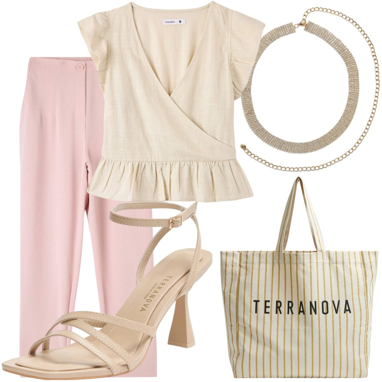 Outfit donna - Teneramente lino. Stile Casual per Tutti i giorni. Abbinamento con pantaloni chino, bluse, borse tote, collane, sandali col tacco.