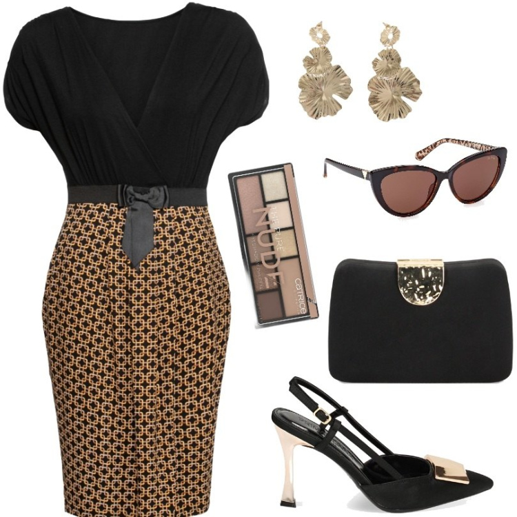 Outfit donna - Meraviglioso vestito in stile retrò. Stile Chic per Cerimonia. Abbinamento con vestiti, ombretti, décolleté, clutch, orecchini, occhiali da sole.