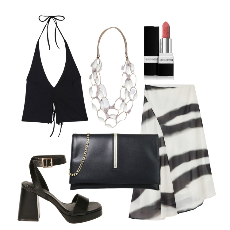 Outfit donna - Ghost outfitter - maggio. Stile Glamour per Serata fuori. Abbinamento con rossetti, pochette, gonne lunghe, top, sandali col tacco, collane.