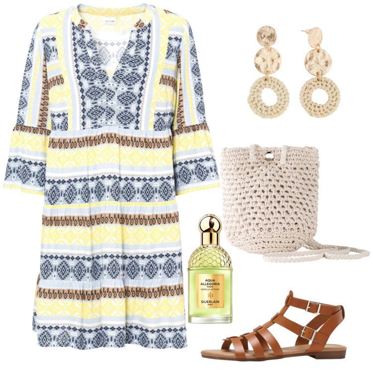 Outfit donna - Naturalismo. Stile Basic per Tutti i giorni. Abbinamento con vestiti, orecchini, borse a tracolla, sandali, profumi.