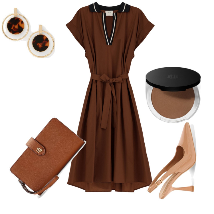 Outfit donna - Nei toni della terra. Stile Bon Ton per Tutti i giorni. Abbinamento con terre, vestiti midi/longuette, décolleté, pochette, orecchini.